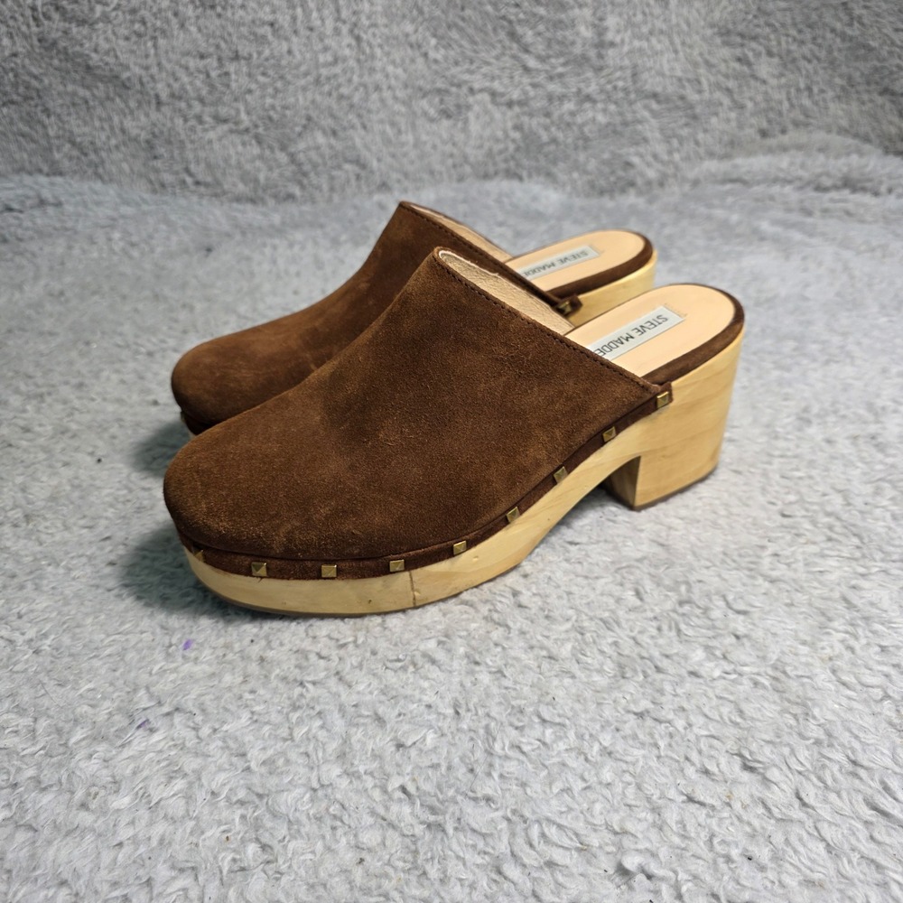 Steve Madden Brooklyn Clogs Brown Suede Chunky Studded Wood Platform Womens 9.5
